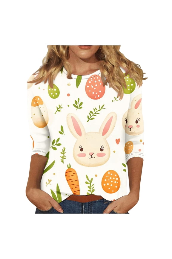 Easter Women's T-Shirt Fashion Bunny Printed Casual 3/4 Sleeve Round Neck T Shirt Top Ladies Festival Comfort Tee Shirts Multicolour Size L