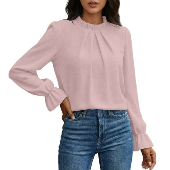 Bainana Elegant Blouse For Women Solid Color Long Sleeve Crew Neck Tops Fashion Lightweight Ladies Spring Fall Business Work T-Shirts Pink Size S
