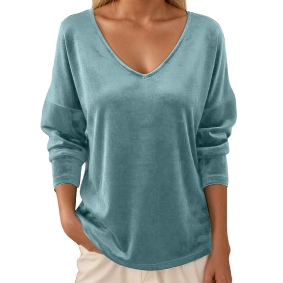 Bainana Female Velvet Tops Solid Color Long Sleeve V Neck Shirt Fashion Stylish Women Ladies Pullover Spring Fall Outfits Blue Size S