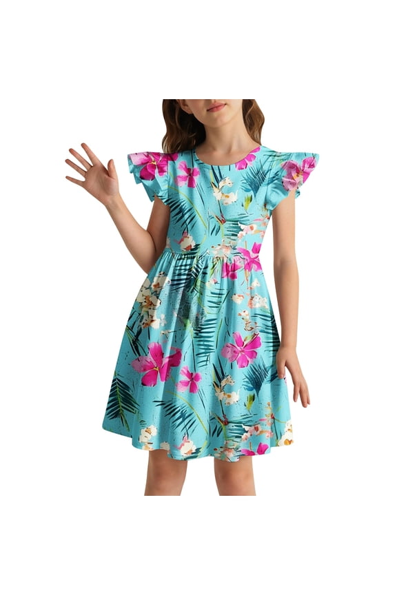 Floral Dresses For Girls Ruffled Sleeve Crew Neck Dresses Stylish Fit Elegant Kids Everyday Wear Dress Mint Green Size 6-7 Years