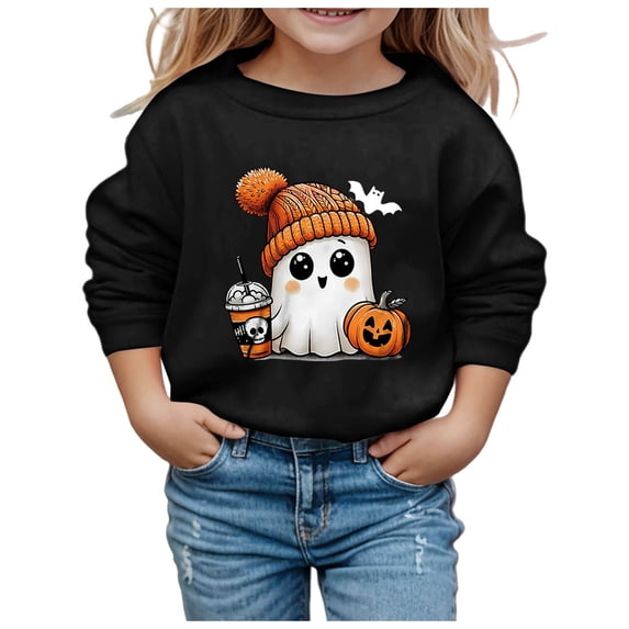 Bainana Girl'S Halloween Sweatshirts Pumpkin Ghost Print Long Sleeve Crewneck Pullover Tops Breathable Soft Girls Halloween Theme Streetwear Size 3-4 Years Black