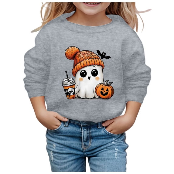 Bainana Girl'S Halloween Sweatshirts Pumpkin Ghost Print Long Sleeve Crewneck Pullover Tops Breathable Soft Girls Halloween Theme Streetwear Size 4-5 Years Grey