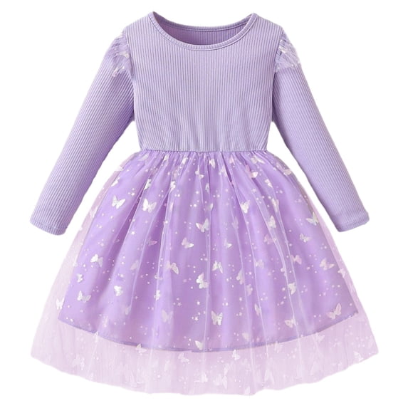 Bainana Girl'S Summer Dress Long Sleeve Butterfly Print Crew Neck Dresses Stylish Fit Little Kids Toddler Girls Lightweight Party Dresses Purple Size 3-4 Years