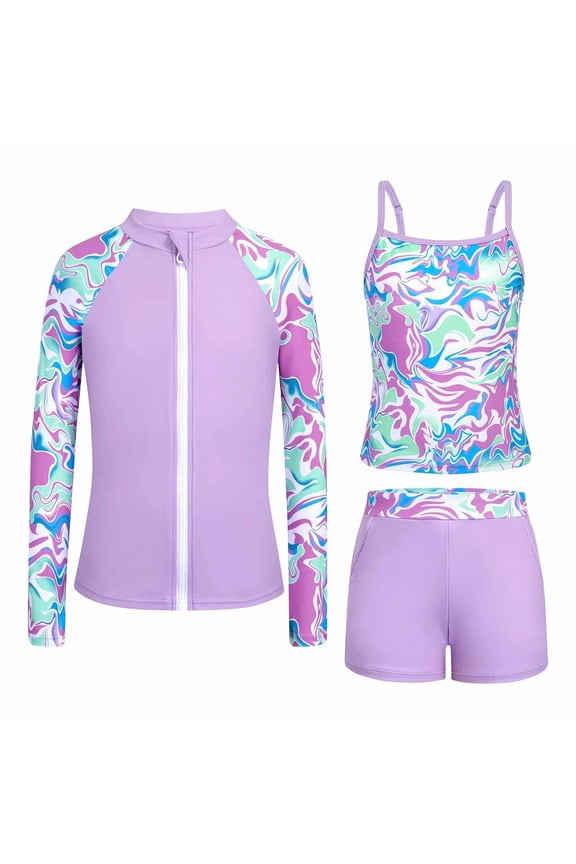 Girls' 3 Pieces Bathing Suit Kids Colorful Tankini Set With Long Sleeve Swim Coat Swim Set Child Beach Pool Swimsuit Purple Size 7-8 Years