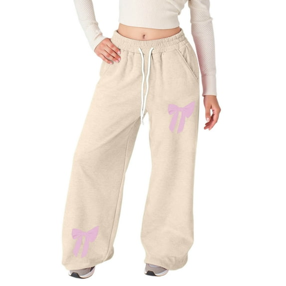Bainana Girls Baggy Sweatpants Toddler Bowknot Print Elastic Waist Straight Leg Athletic Pants With Pockets Little Girls Modern Fit Comfortable Trousers Beige Size 4-5 Years