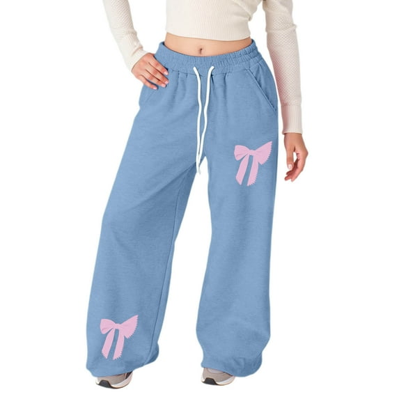Bainana Girls Baggy Sweatpants Toddler Bowknot Print Elastic Waist Straight Leg Athletic Pants With Pockets Little Girls Modern Fit Comfortable Trousers Light Blue Size 8-9 Years