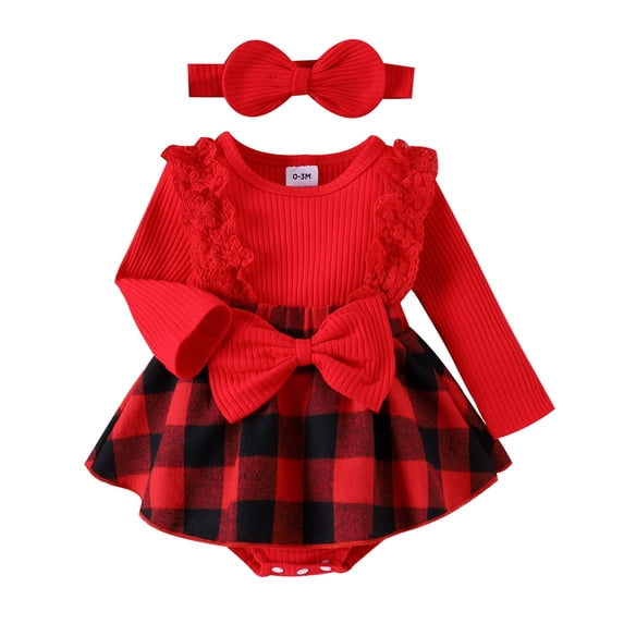 Bainana Girls Bodysuit Dress Newborn Plaid Print Long Sleeve Crew Neck Clothes Comfortable Soft Girls Outerwear With Headband Red Size 9-12 Months