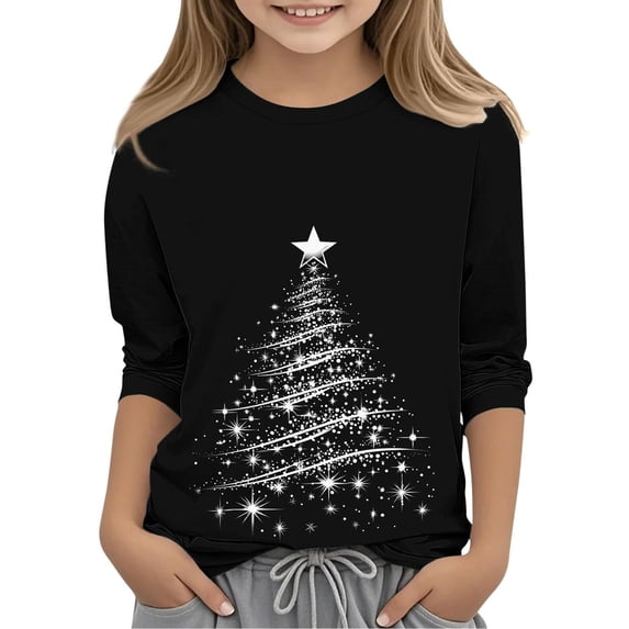 Bainana Girls Christmas T Shirts Santa Tree Print 3/4 Sleeve Tees Cute Summer Tops Clothes