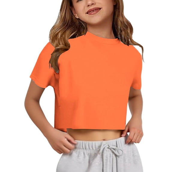 Bainana Girls Cropped T Shirts Solid Color Short Sleeve Tops Big Kids Comfortable Athletic Tees