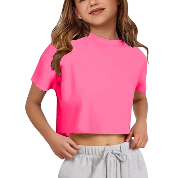 Bainana Girls Cropped T Shirts Solid Color Short Sleeve Tops Big Kids Comfortable Athletic Tees