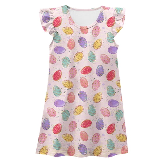 Bainana Girls Easter Dress Child Cartoon Print Ruffled Sleeve Crew Neck Dresses Cute Breathable Little Girls Festival Summer Dress Light Pink Size 3-4 Years