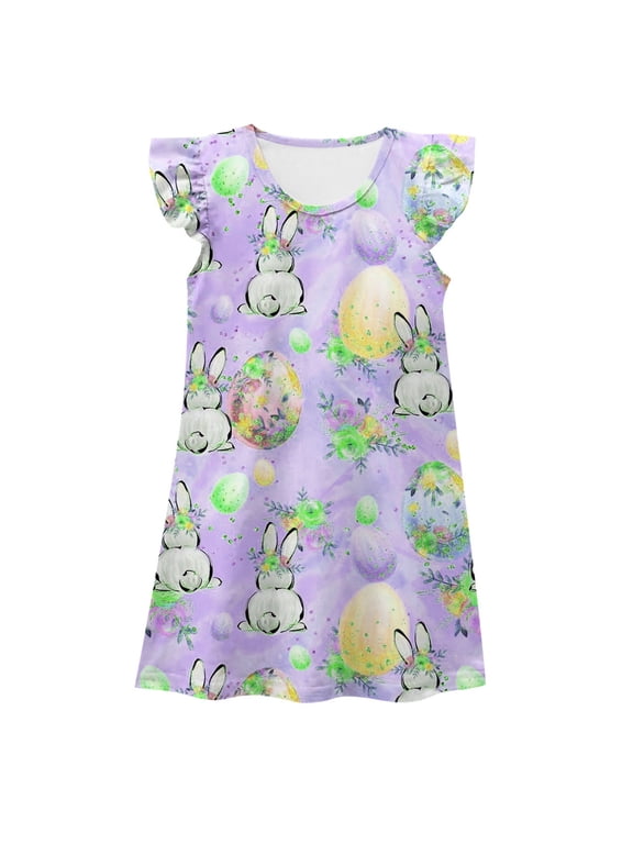 Girls Easter Dress Child Cartoon Print Ruffled Sleeve Crew Neck Dresses Cute Breathable Little Girls Festival Summer Dress Light Purple Size 6-7 Years