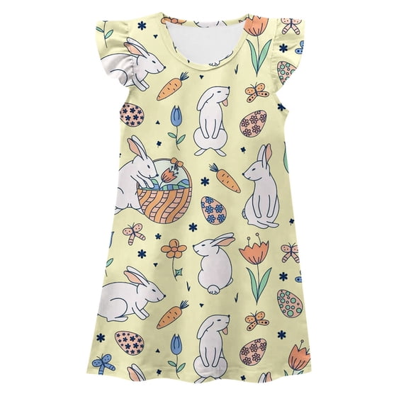 Bainana Girls Easter Dress Child Cartoon Print Ruffled Sleeve Crew Neck Dresses Cute Breathable Little Girls Festival Summer Dress Light Yellow Size 3-4 Years