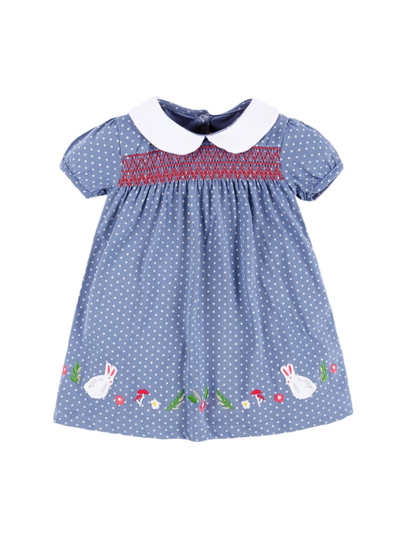 Girls Easter Dress Toddler Polka Dot Print Short Sleeve Crew Neck Dresses Breathable Soft Little Girls Festival Summer Dress Sky Blue Size 3-4 Years