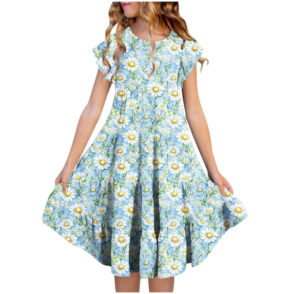 Bainana Girls Floral Print Dress With Flutter Sleeves Crew Neck Party Dress Breathable Fashion Teen Youth Girls Summer Holiday Beach Dresses Light Blue Size 10-11 Years