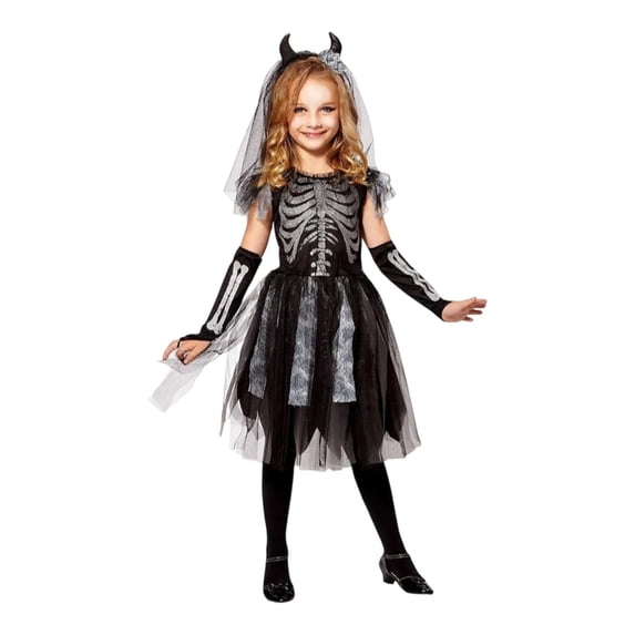 Bainana Girls Halloween Gothic Cosplay Wedding Dress Breathable Sleeveless Skeleton Print Mesh Dress Kids Trick-Or-Treating Dresses
