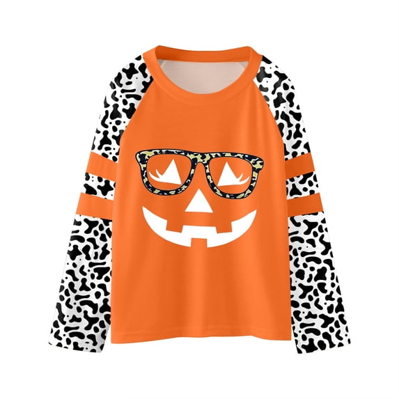 Bainana Girls Halloween T-Shirts Size 3-4 Years Cute Face Print Long Sleeve Tees Halloween Outings Clothes Blue