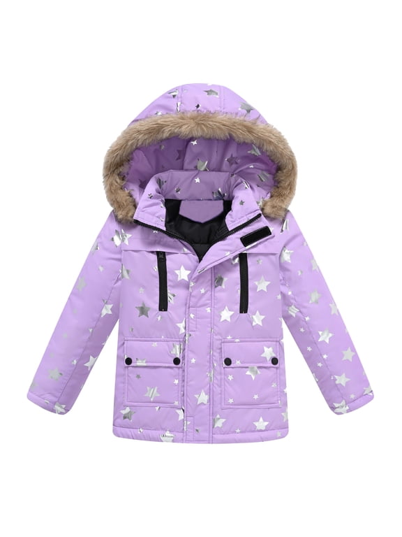 Girls Jacket Child Star Print Long Sleeve Zip Up Hooded Coat Windproof Thick Warm Winter Outwear Purple Size 2-3 Years