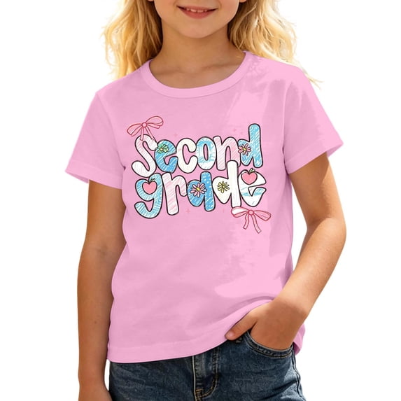 Bainana Girls Second Grade T Shirts Letter Print Short Sleeve Tops Big Kids Trendy Back To School T-Shirts