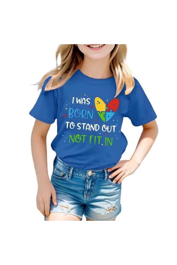 Girls Short Sleeve T Shirt Toddler Letter Print Crew Neck Pullover Top Lightweight Leisure Little Kids Summer Holiday School Playwear Tee Blue Size 18-24 Months