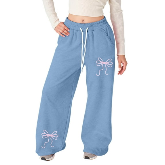 Bainana Girls Stylish Fit Sweatpants Bowknot Print Elastic Waist Straight Leg Athletic Pants With Pockets Little Kids Modern Fit Cozy Soft Sweatpants Light Blue Size 11-12 Years