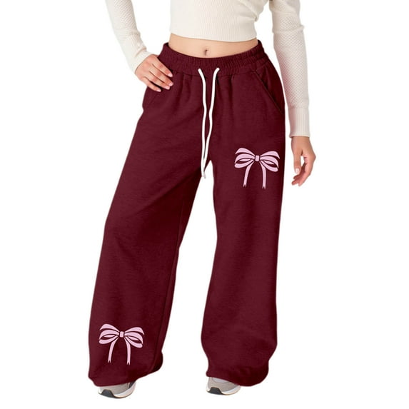 Bainana Girls Stylish Fit Sweatpants Bowknot Print Elastic Waist Straight Leg Athletic Pants With Pockets Little Kids Modern Fit Cozy Soft Sweatpants Wine Size 6-7 Years