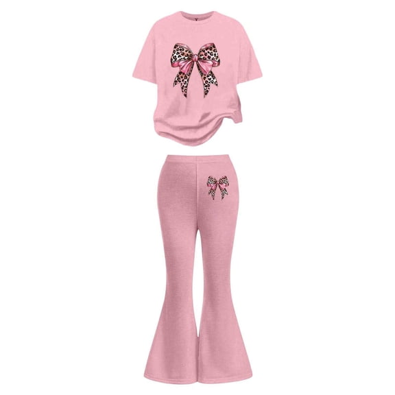 Bainana Girls Stylish Outfits Set Child Leopard Bow Print Short Sleeve Tops Elastic Waist Flare Leg Pants Fashion Casual Girls Summer Clothes Set Light Pink Size 9-10 Years