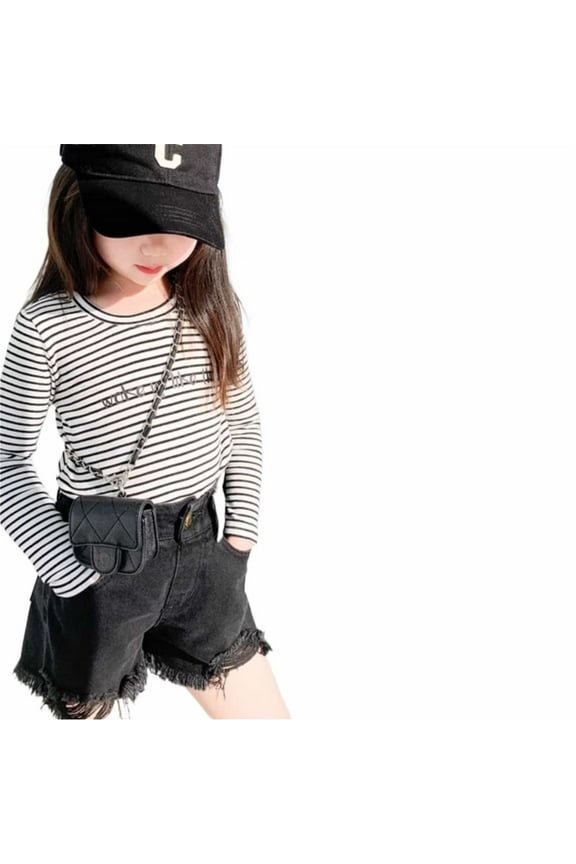 Girls Summer Shorts Solid Color Elastic Waist Straight Leg Shorty Casual Retro Child Ripped Jeans Shorts Black Size 3-4 Years