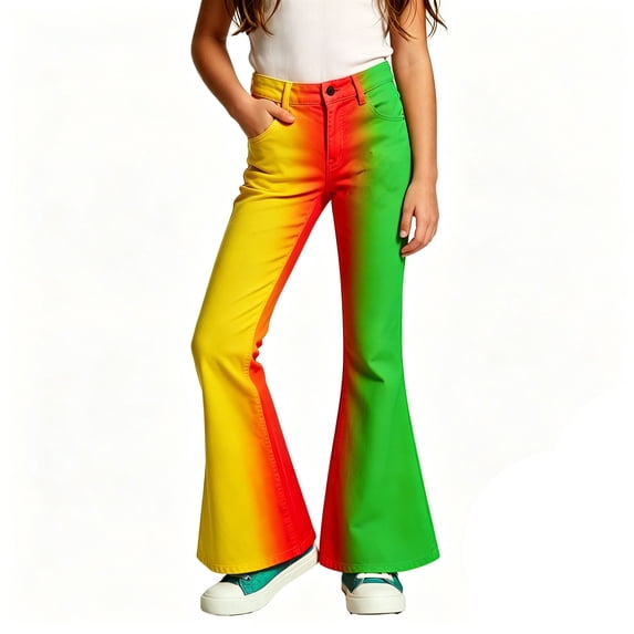 Bainana Gradient Flare Pants For Girls Zipper Button Waisted Wide Leg Twill Trousers Teen Youth Kids Stretchy Casual Pants Size 5-6 Years Red1