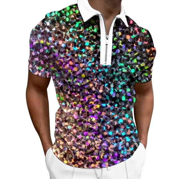 Bainana Half Zip Up T-Shirt For Men Colorful Plaid Print Short Sleeve Lapel Collar Tops Stylish Stretch Men's Mardi Gras Summer Outfits Pink Size M