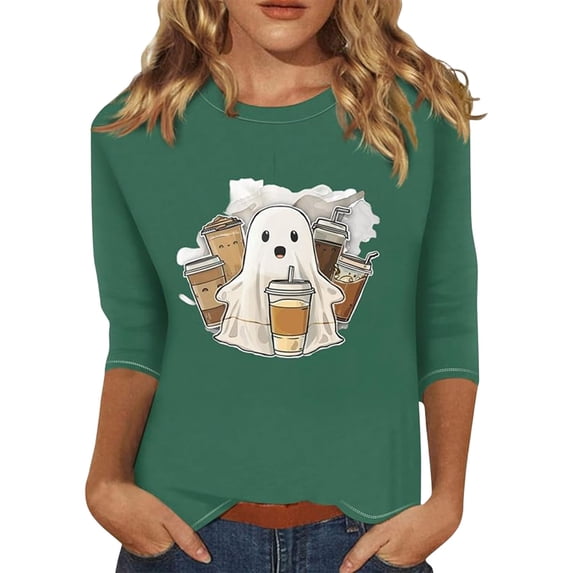 Bainana Halloween 3/4 Sleeve Tshirts For Womens Ghost Print Crew Neck Fall Tops Soft Lightweight Ladies Theme Party Casual Tees Size S