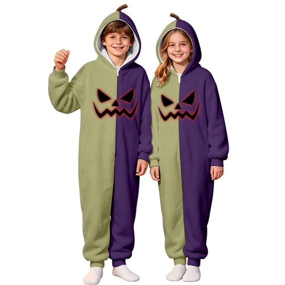 Bainana Halloween Color Block Pajamas Fleece Romper For Kids Cozy Long Sleeve Face Print Hooded Jumpsuit Boys And Girls Casual Wear Sleep Bodysuit