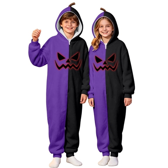 Bainana Halloween Color Block Pajamas Fleece Romper For Kids Cozy Long Sleeve Face Print Hooded Jumpsuit Boys And Girls Casual Wear Sleep Bodysuit
