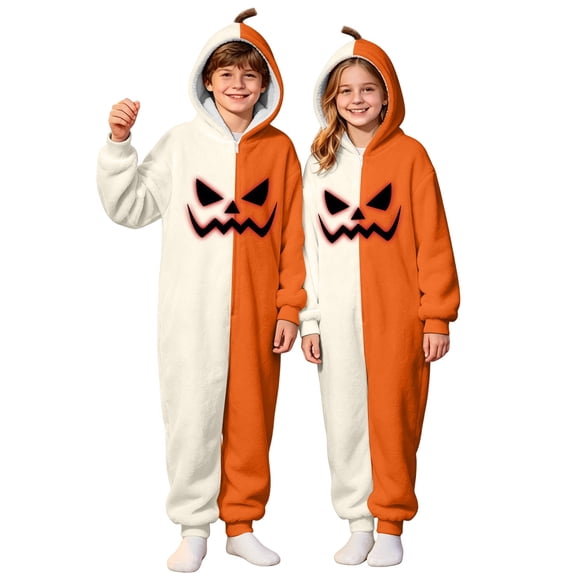 Bainana Halloween Color Block Pajamas Fleece Romper For Kids Trendy Long Sleeve Face Print Hooded Jumpsuit Boys And Girls Theme Party Sleep Bodysuit