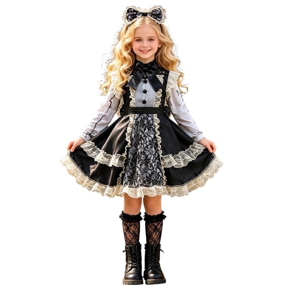 Bainana Halloween Cosplay Witch Dress For Girls Lightweight Long Sleeve Dress With Accessories Kids Stage Performance Dresses