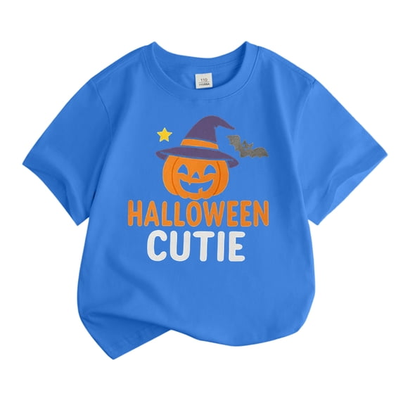 Bainana Halloween Girls T-Shirts Size 8-9 Years Trendy Pumpkin Letter Print Short Sleeve Tees Halloween Outings Clothes Blue