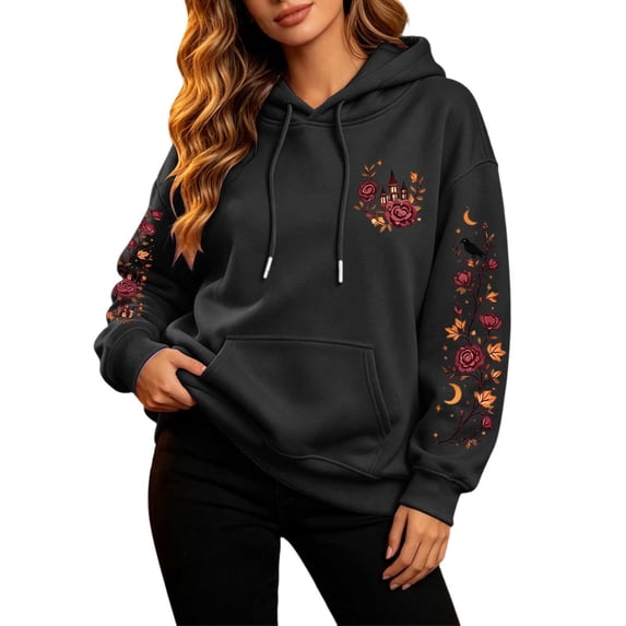 Bainana Halloween Hoodie Women Graphic Hooded Shirt Comfortable Spooky Season Hoody Black L