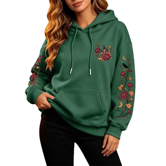 Bainana Halloween Hoodie Women Graphic Hooded Shirt Comfortable Spooky Season Hoody Dark Green L