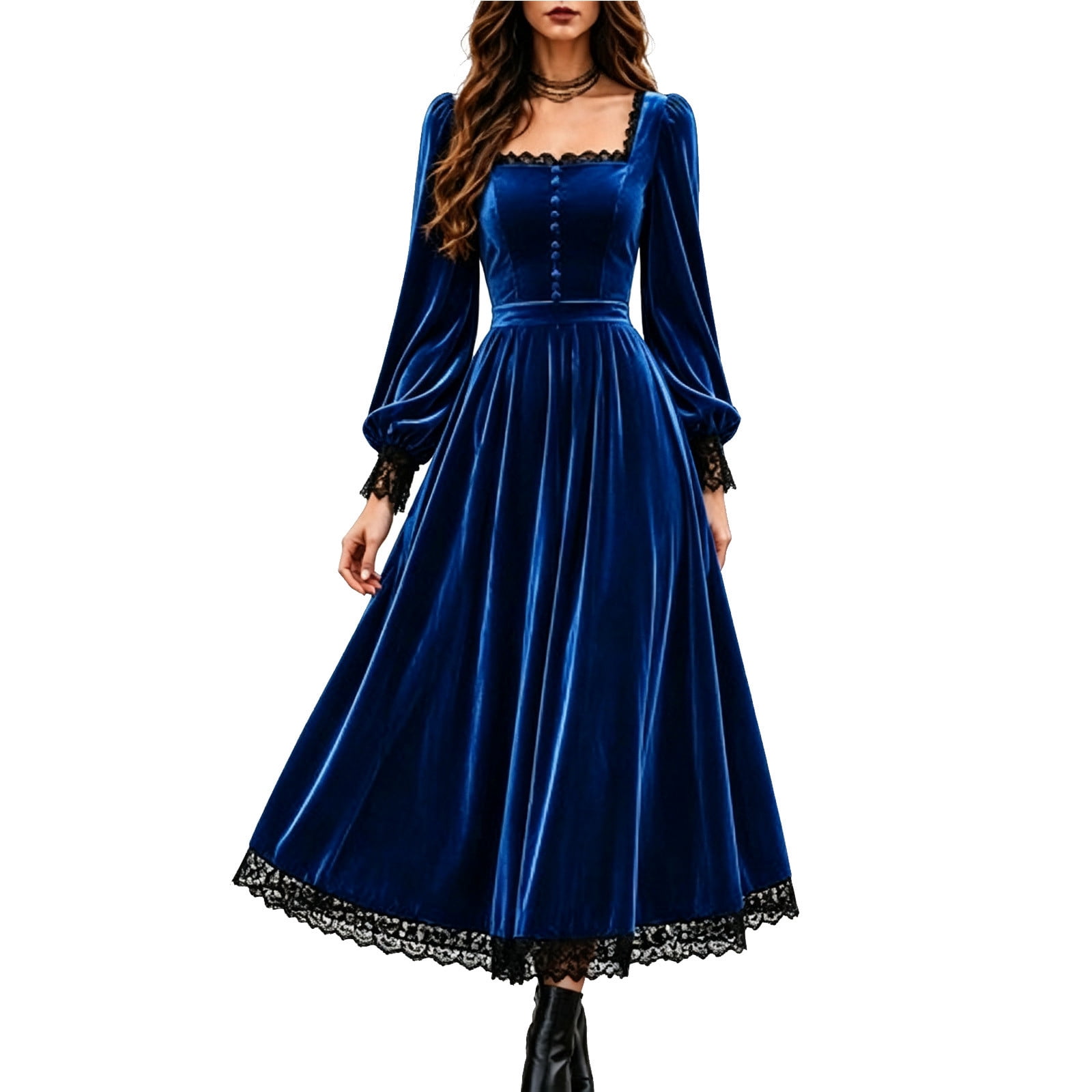 Bainana Halloween Long Sleeve Stage Velvet Dress For Women Breathable Solid Color Dress With Lace Trim Ladies Halloween Outings Square Neck Dresses