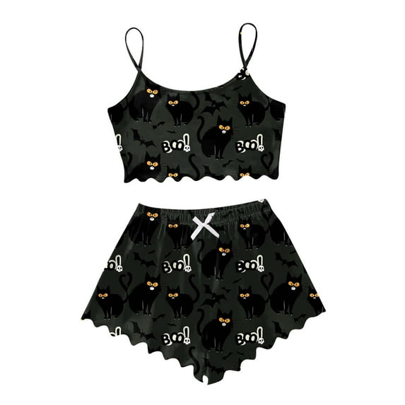 Bainana Halloween Pajamas Set For Women Cartoon Cat Print Sleeveless Pullover Sleepwear Soft Cute Suspender And Shorts Set Black Size L