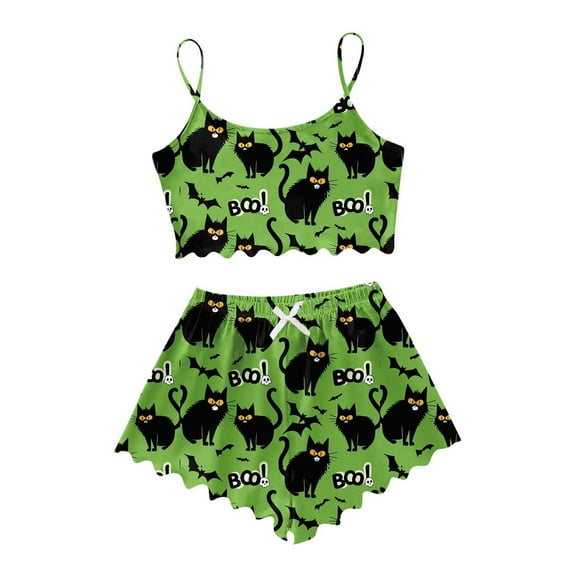 Bainana Halloween Pajamas Set For Women Cartoon Cat Print Sleeveless Pullover Sleepwear Soft Cute Suspender And Shorts Set Green Size S