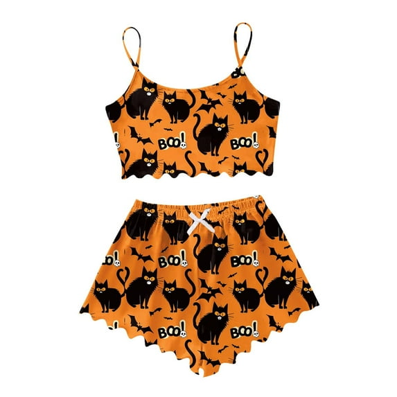 Bainana Halloween Pajamas Set For Women Cartoon Cat Print Sleeveless Pullover Sleepwear Soft Cute Suspender And Shorts Set Orange Size Xl