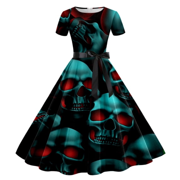 Bainana Halloween Short Sleeve Stage Dress For Women Retro Skull Print Dress Ladies Party Club Crew Neck Dresses