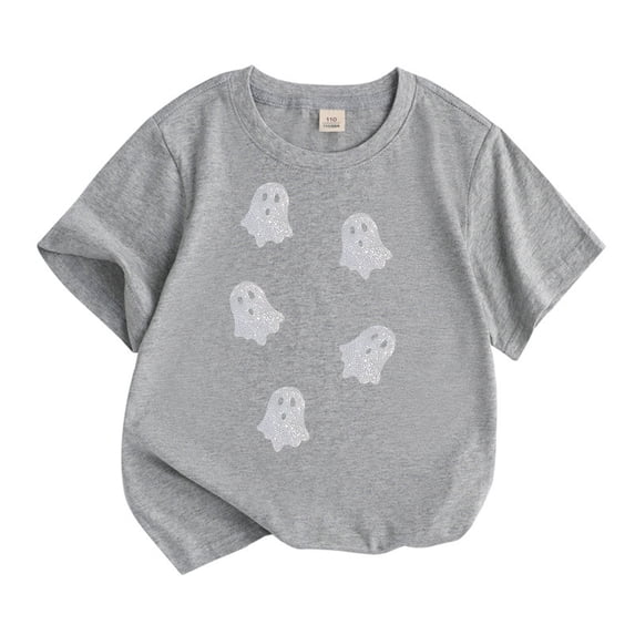 Bainana Halloween T-Shirts For Girls Size 5-6 Years Fashion Ghost Print Short Sleeve Shirts Teen School Play Outfits Grey