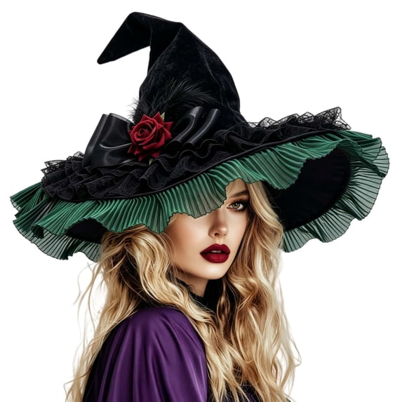 Bainana Halloween Witch Cosplay Hat For Women Lace Trim High Top Cap Wide Brim Adjustable Festival Events Hat