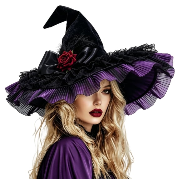 Bainana Halloween Witch Cosplay Hat For Women Lace Trim High Top Cap Wide Brim Adjustable Festival Events Hat