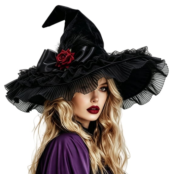 Bainana Halloween Witch Cosplay Hat For Women Lace Trim High Top Cap Wide Brim Adjustable Festival Events Hat