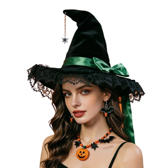 Bainana Halloween Witch Cosplay Hat For Women Men Lace Trim High Top Cap Wide Brim Adjustable Theme Party Hat