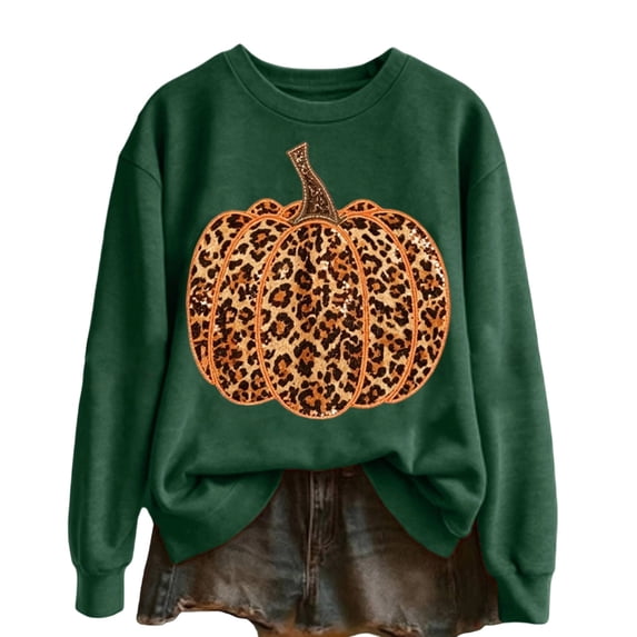Bainana Halloween Women Sweatshirt Leopard Pumpkin Graphic Pullover Shirt Fashion Theme Events Sweatshirts Dark Green XL