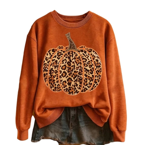 Bainana Halloween Women Sweatshirt Leopard Pumpkin Graphic Pullover Shirt Fashion Theme Events Sweatshirts Orange XXXL
